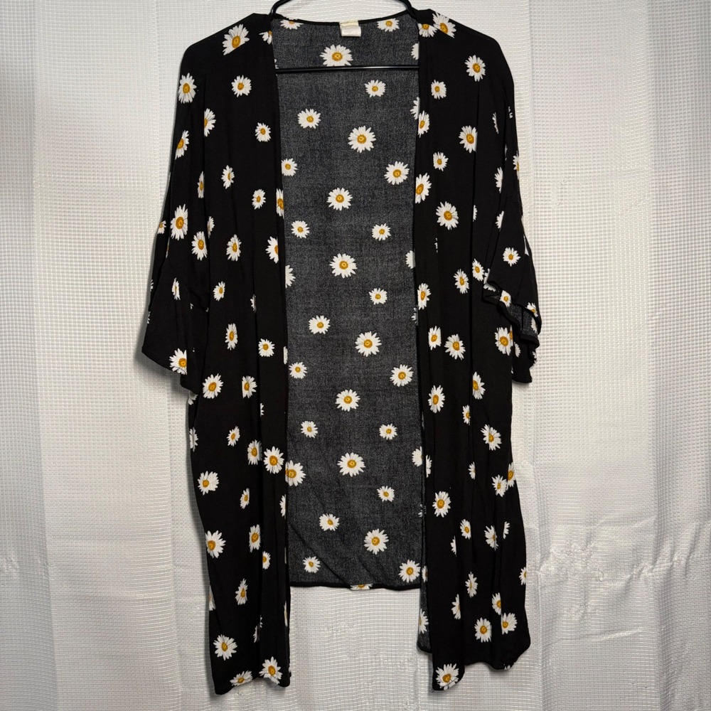 7th Ray Daisy Print Kimono Cardigan Small Black Floral‎ Open Front Layer
